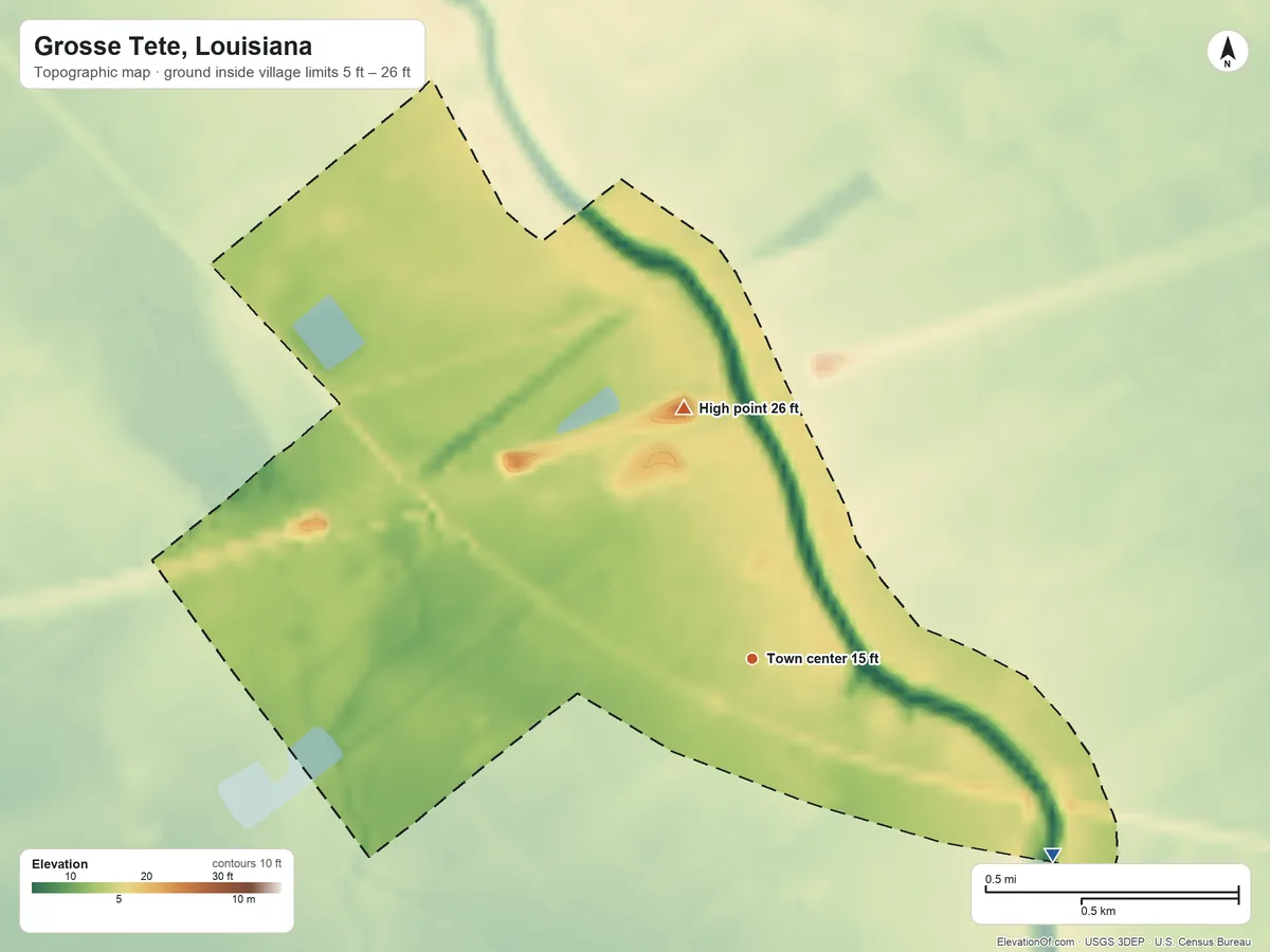 Topographic elevation map of Grosse Tete, Louisiana, shaded from 5 ft on the southeast side to 26 ft on the north side