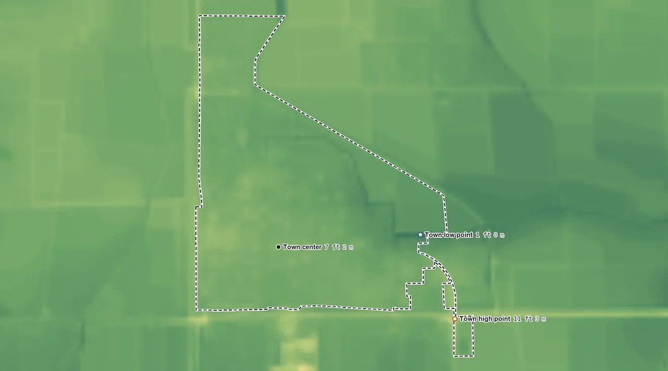Topographic elevation map of Gueydan, Louisiana, shaded from 1 ft on the east side to 11 ft on the east side