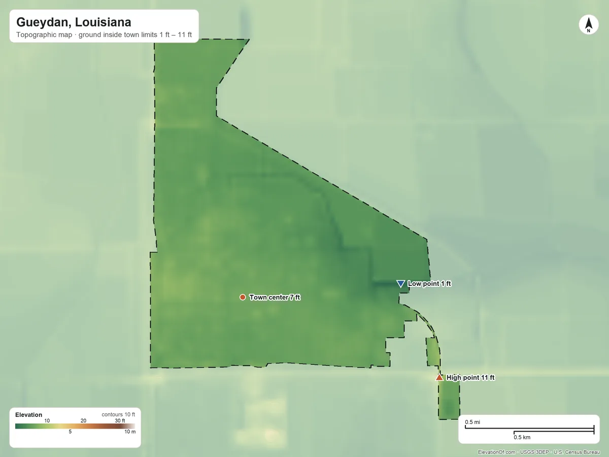 Topographic elevation map of Gueydan, Louisiana, shaded from 1 ft on the east side to 11 ft on the east side