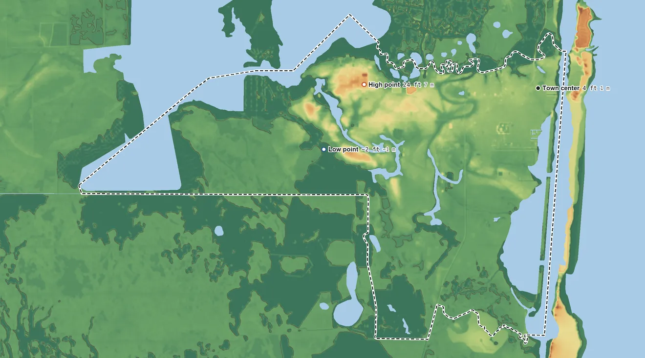 Topographic elevation map of Hackberry, Louisiana, shaded from −2 ft on the west side to 24 ft on the west side