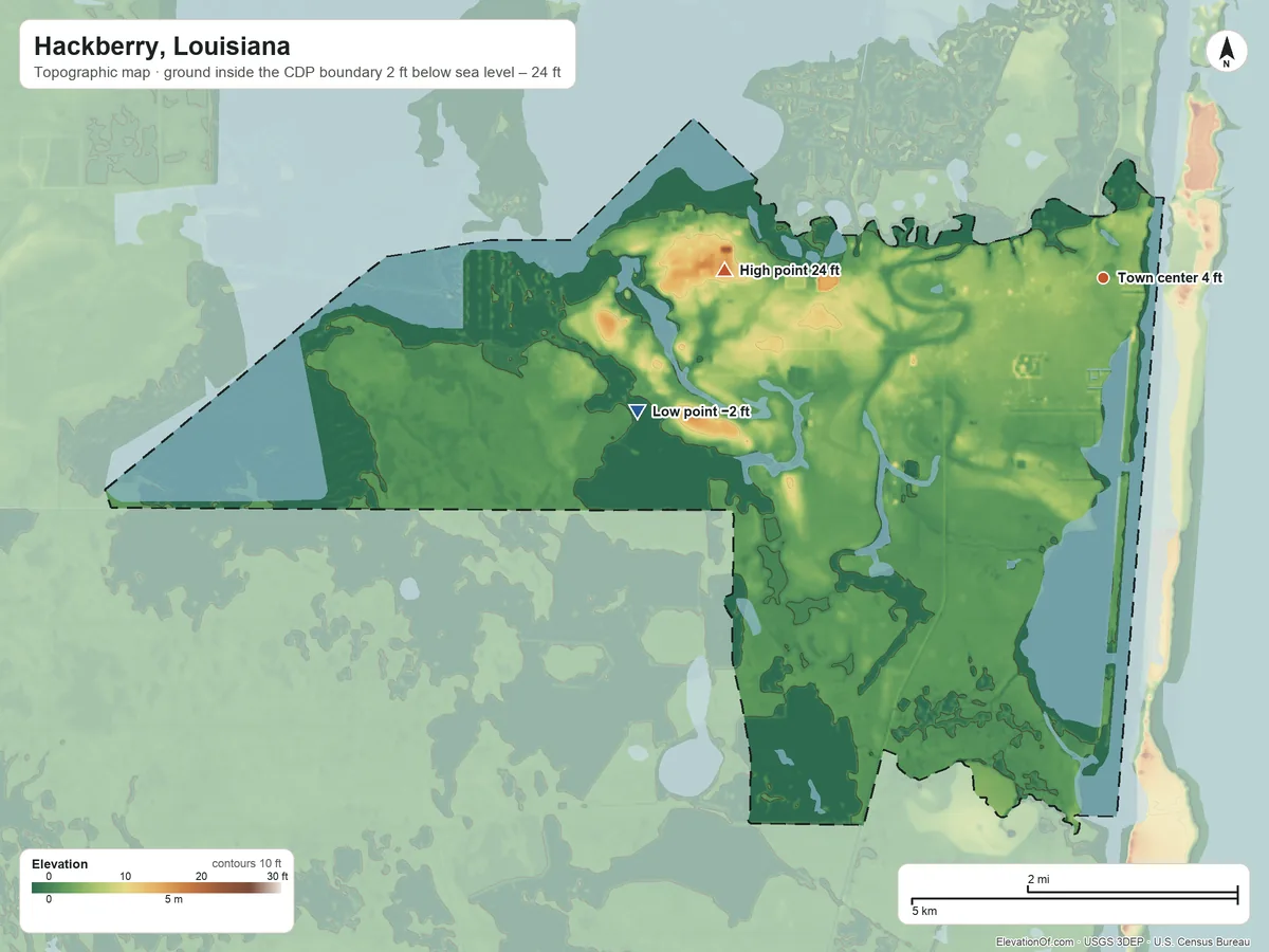 Topographic elevation map of Hackberry, Louisiana, shaded from −2 ft on the west side to 24 ft on the west side