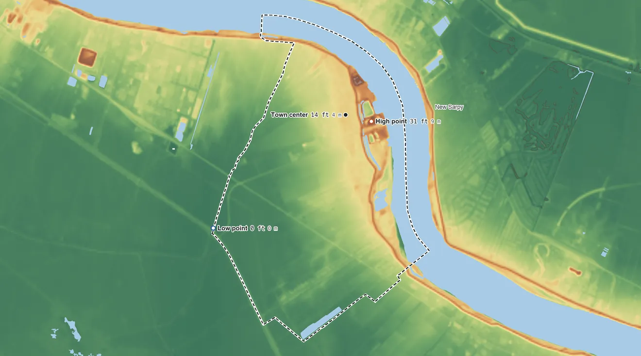 Topographic elevation map of Hahnville, Louisiana, shaded from 0 ft on the southwest side to 31 ft near the middle