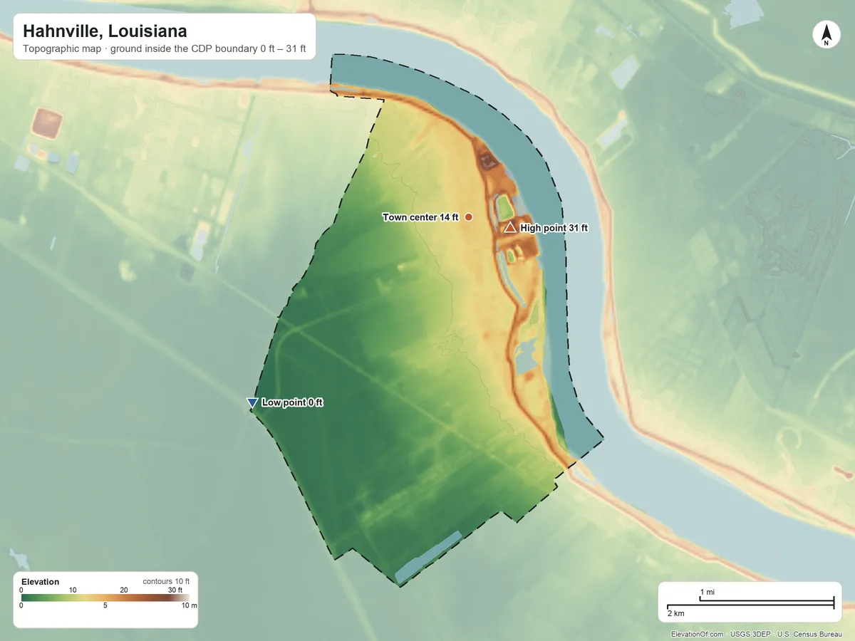Topographic elevation map of Hahnville, Louisiana, shaded from 0 ft on the southwest side to 31 ft near the middle