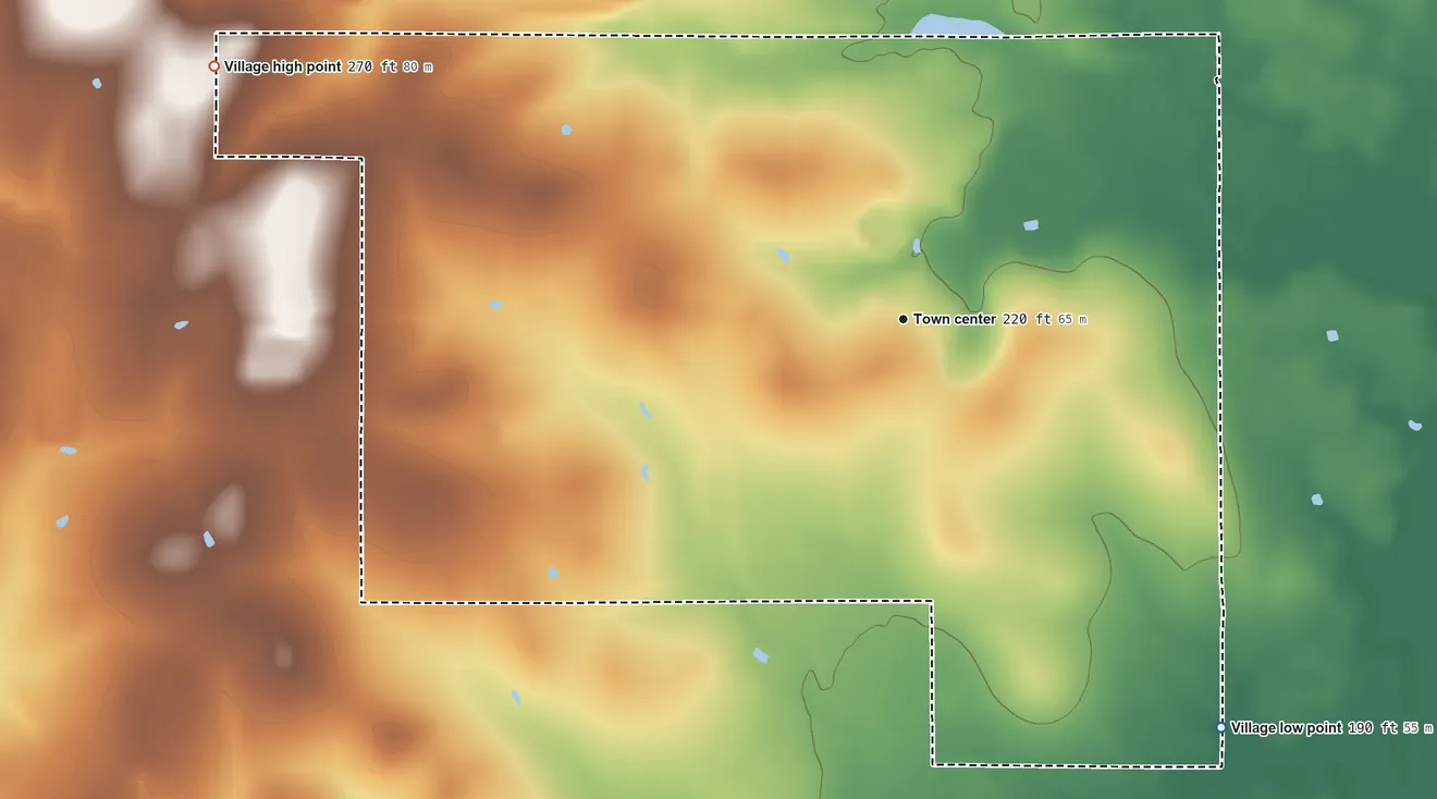 Topographic elevation map of Hall Summit, Louisiana, shaded from 190 ft on the southeast side to 270 ft on the west side