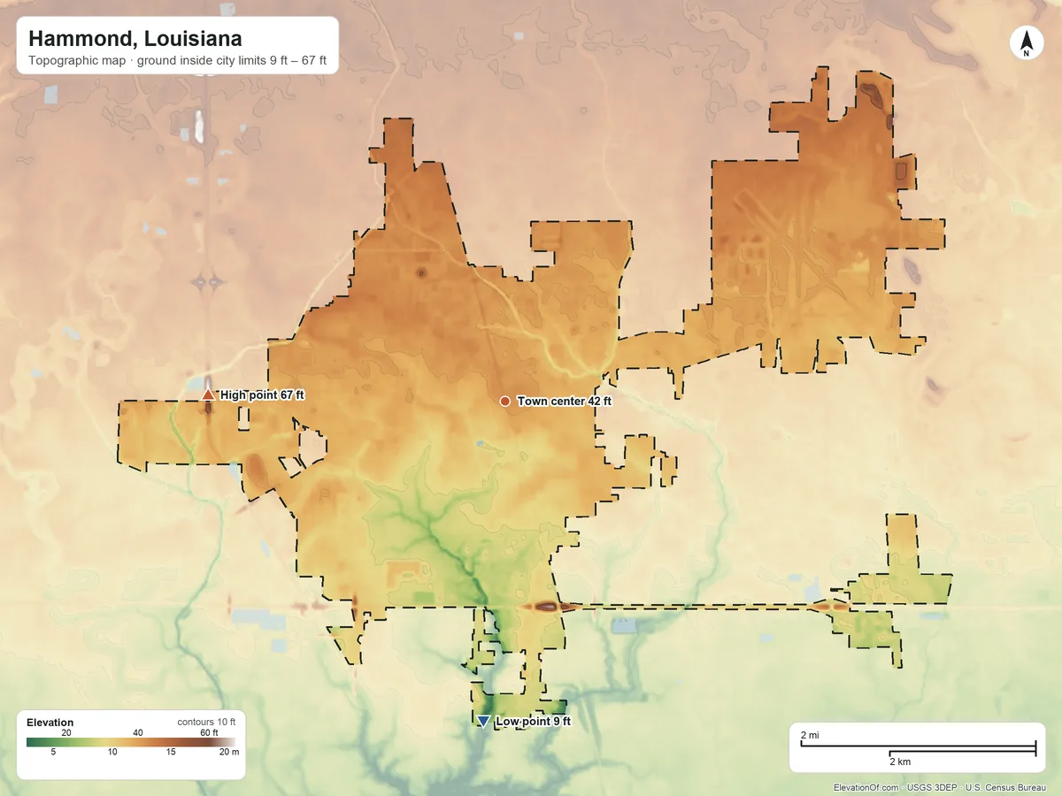 Topographic elevation map of Hammond, Louisiana, shaded from 9 ft on the south side to 67 ft on the west side