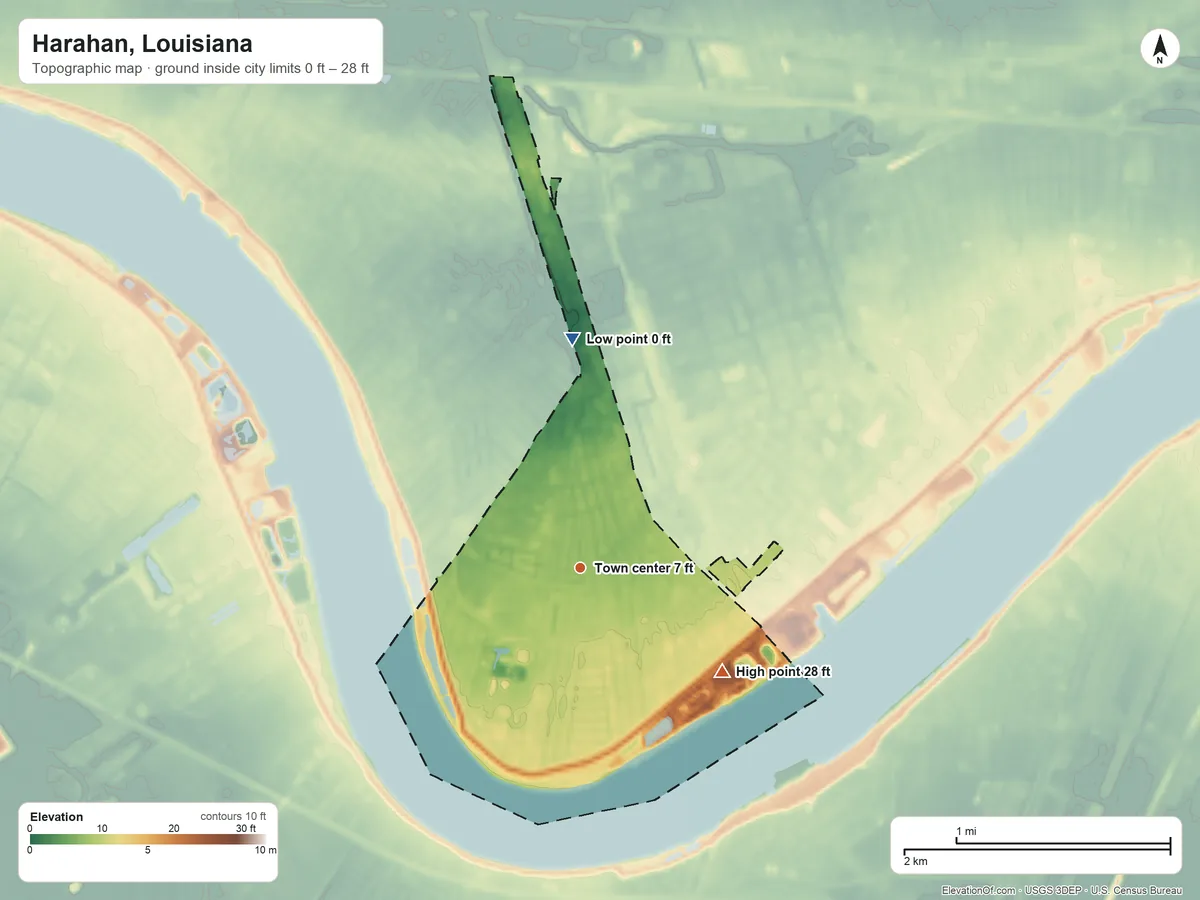 Topographic elevation map of Harahan, Louisiana, shaded from 0 ft on the north side to 28 ft on the southeast side