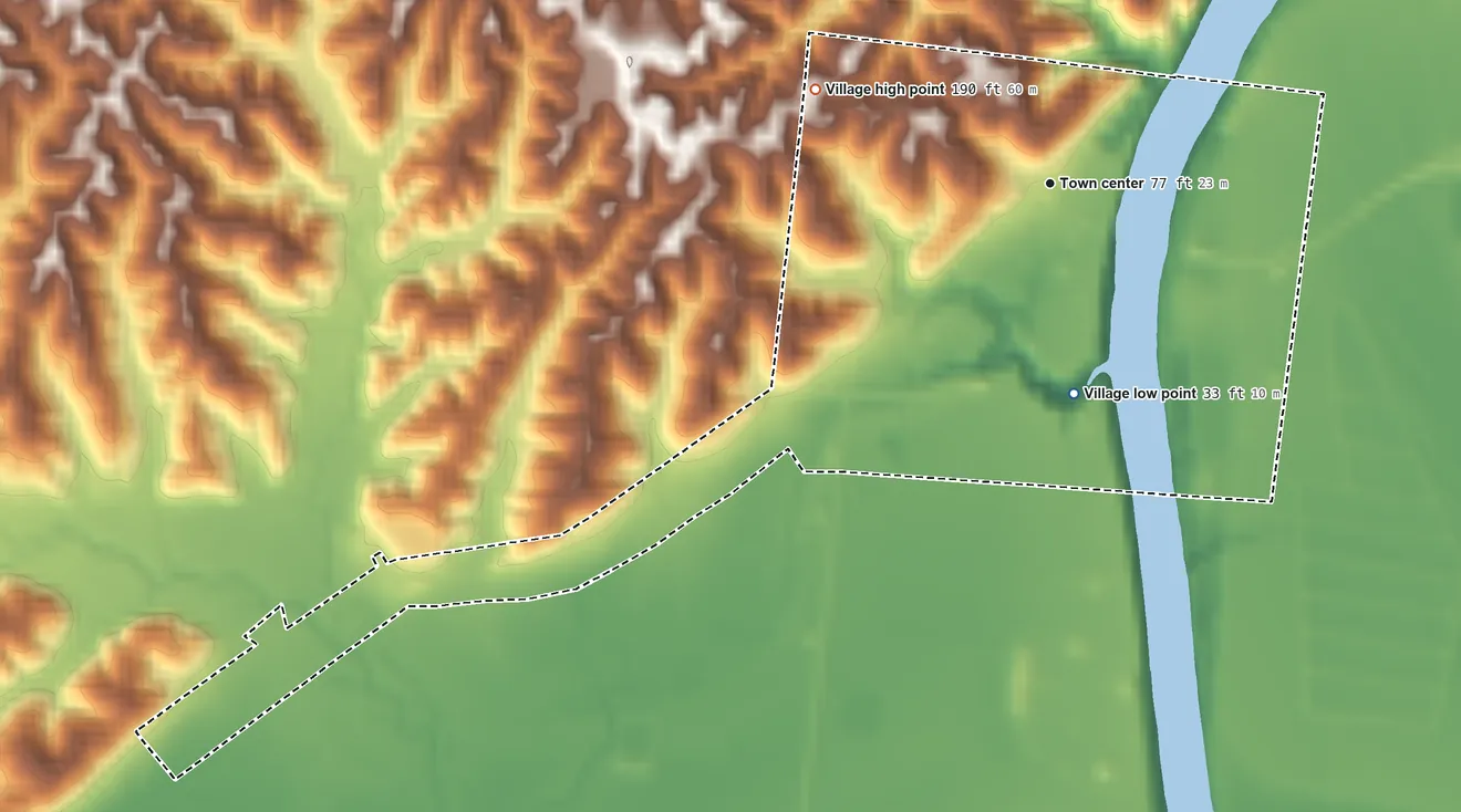 Topographic elevation map of Harrisonburg, Louisiana, shaded from 33 ft on the south side to 190 ft on the west side