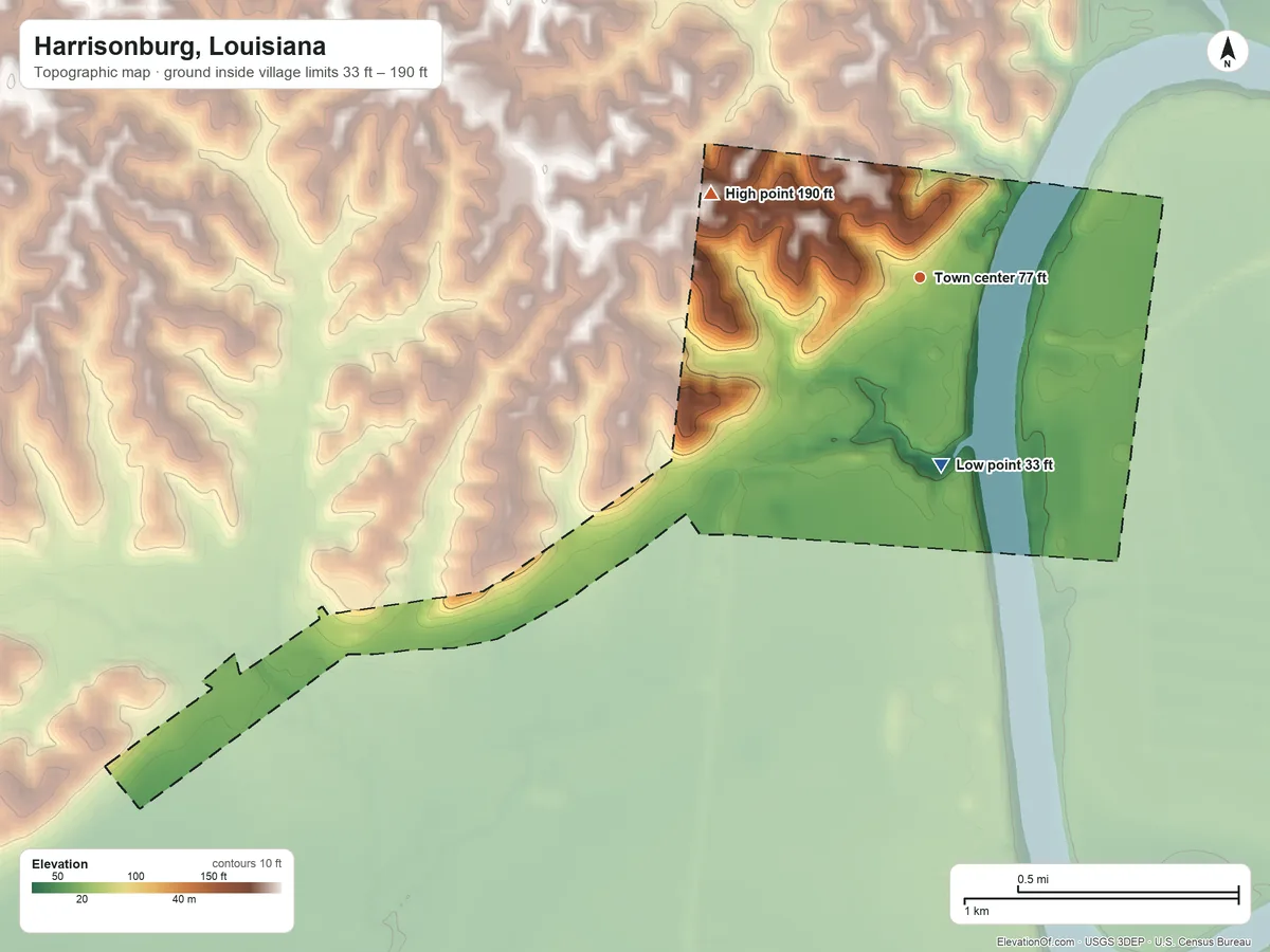 Topographic elevation map of Harrisonburg, Louisiana, shaded from 33 ft on the south side to 190 ft on the west side