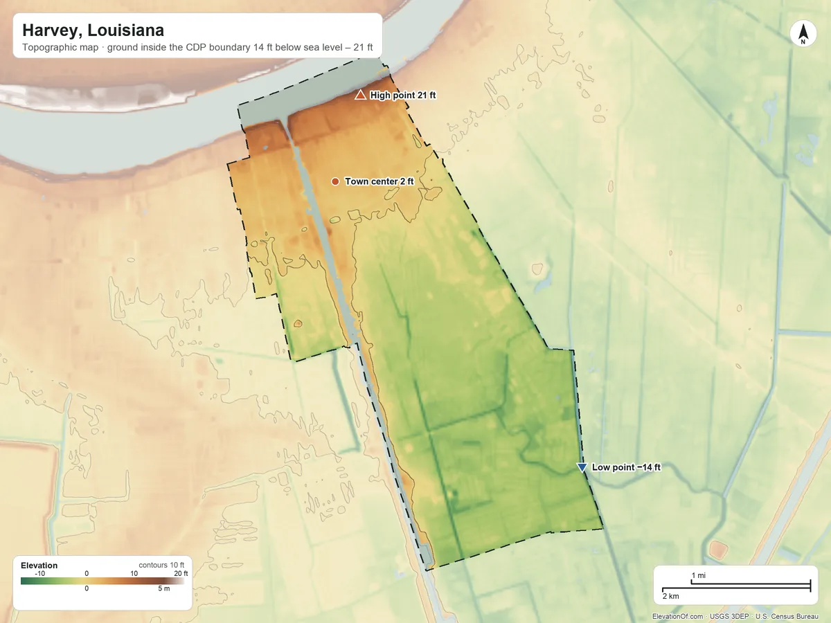 Topographic elevation map of Harvey, Louisiana, shaded from −14 ft on the southeast side to 21 ft on the north side