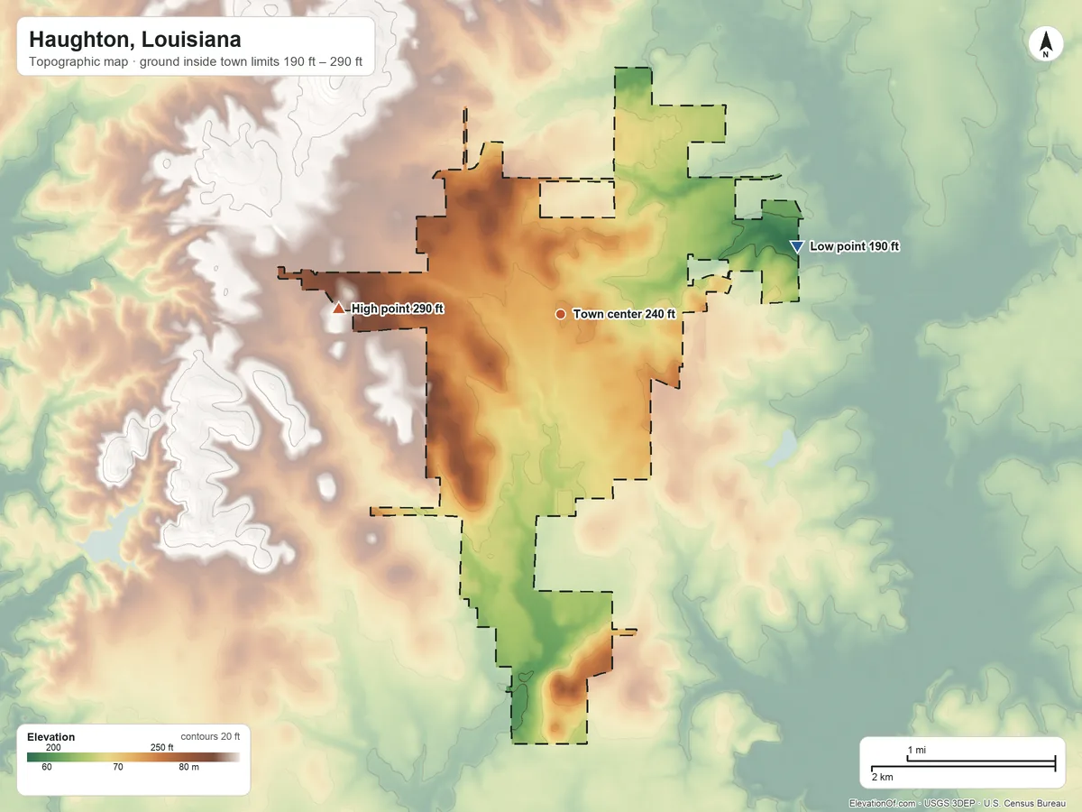 Topographic elevation map of Haughton, Louisiana, shaded from 190 ft on the east side to 290 ft on the west side