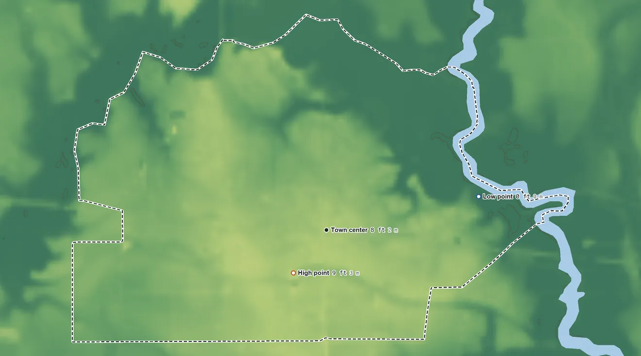 Topographic elevation map of Hayes, Louisiana, shaded from 0 ft on the east side to 9 ft near the middle
