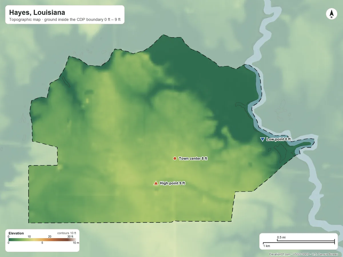 Topographic elevation map of Hayes, Louisiana, shaded from 0 ft on the east side to 9 ft near the middle
