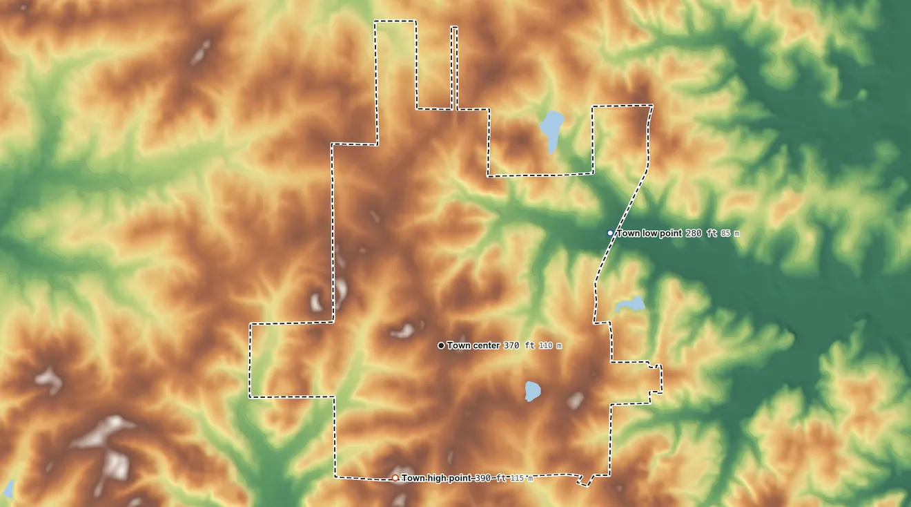 Topographic elevation map of Haynesville, Louisiana, shaded from 280 ft on the northeast side to 390 ft on the south side