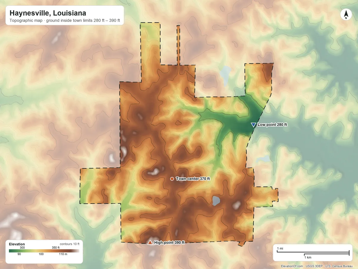 Topographic elevation map of Haynesville, Louisiana, shaded from 280 ft on the northeast side to 390 ft on the south side