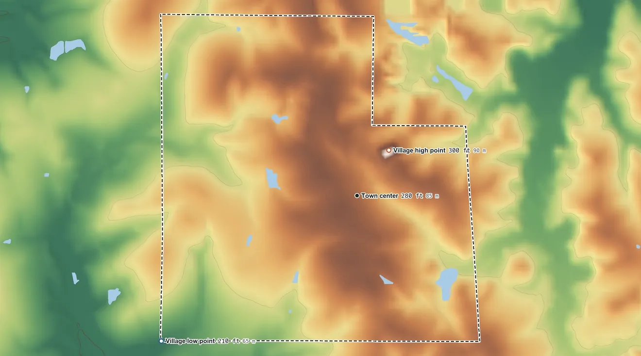 Topographic elevation map of Heflin, Louisiana, shaded from 210 ft on the southwest side to 300 ft on the northeast side