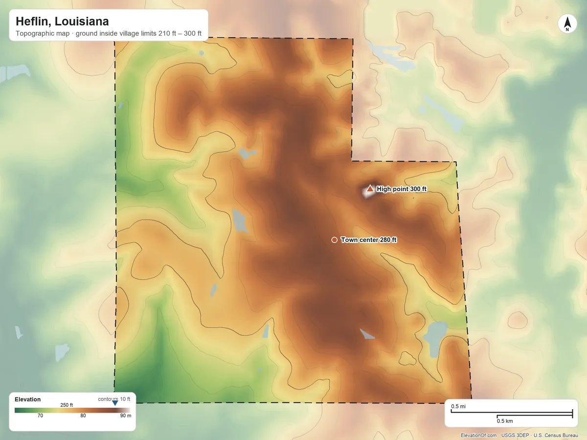 Topographic elevation map of Heflin, Louisiana, shaded from 210 ft on the southwest side to 300 ft on the northeast side