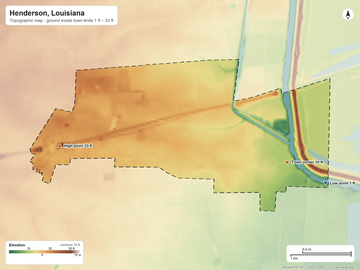 Topographic elevation map of Henderson, Louisiana, shaded from 1 ft on the southeast side to 33 ft on the west side