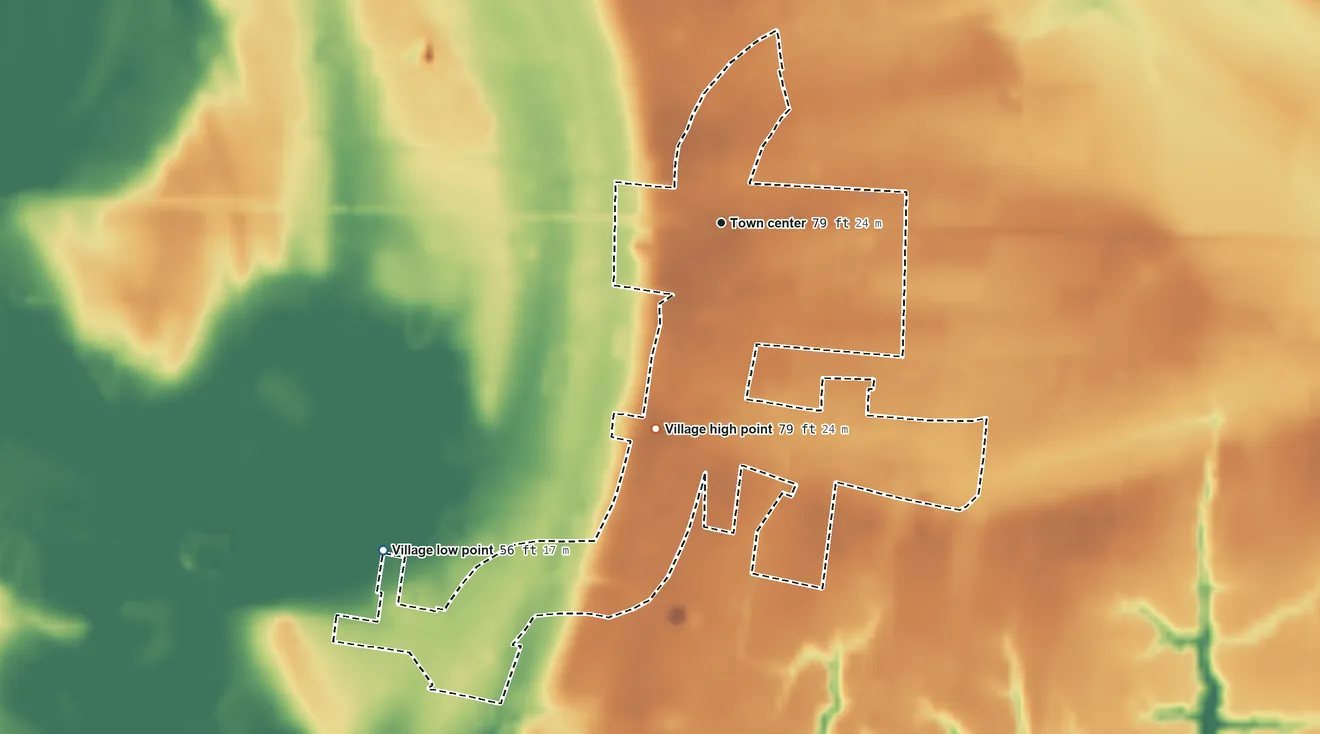 Topographic elevation map of Hessmer, Louisiana, shaded from 56 ft on the southwest side to 79 ft on the south side