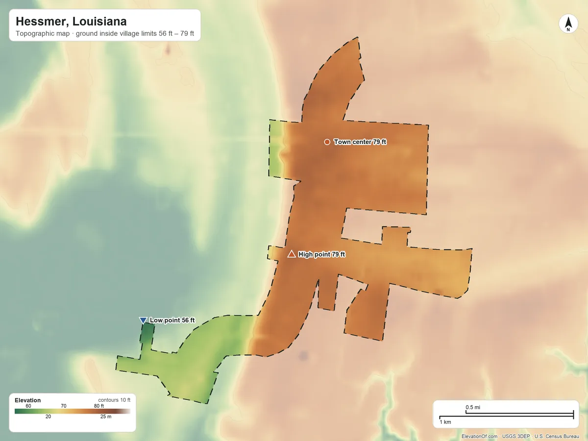 Topographic elevation map of Hessmer, Louisiana, shaded from 56 ft on the southwest side to 79 ft on the south side