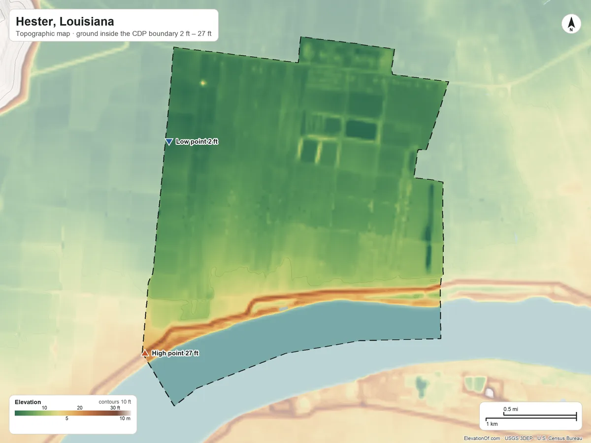 Topographic elevation map of Hester, Louisiana, shaded from 2 ft on the west side to 27 ft on the southwest side