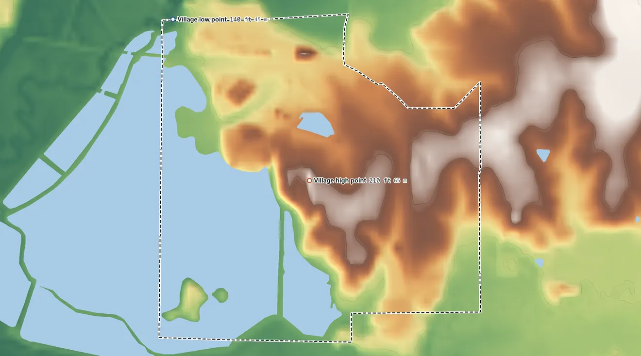 Topographic elevation map of Hodge, Louisiana, shaded from 140 ft on the northwest side to 210 ft on the northwest side