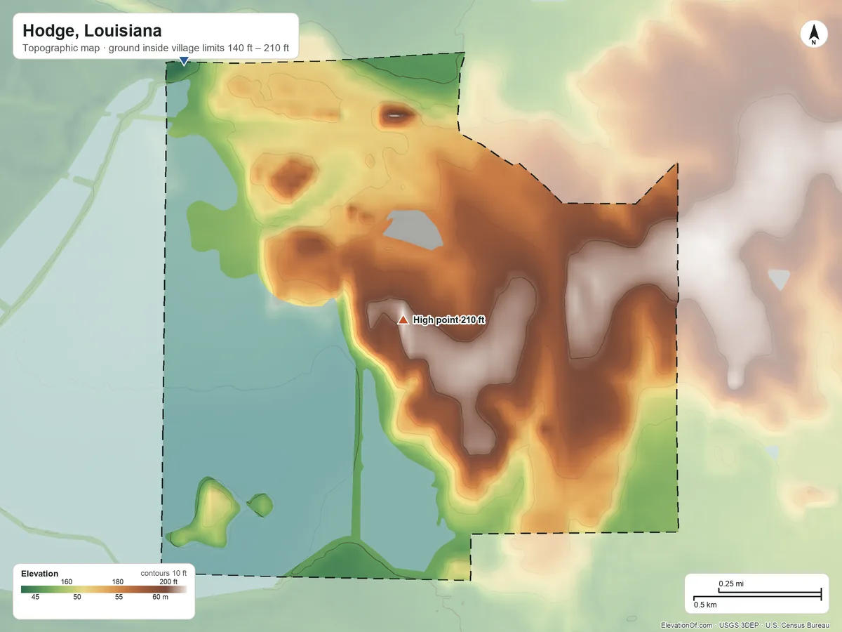 Topographic elevation map of Hodge, Louisiana, shaded from 140 ft on the northwest side to 210 ft on the northwest side