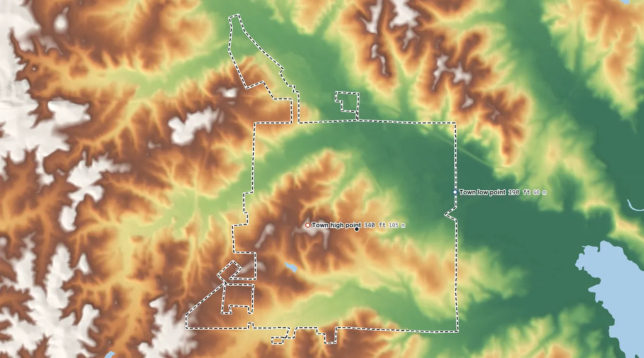 Topographic elevation map of Homer, Louisiana, shaded from 190 ft on the east side to 340 ft on the west side