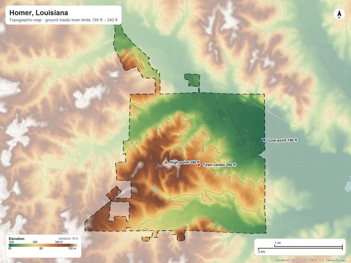 Topographic elevation map of Homer, Louisiana, shaded from 190 ft on the east side to 340 ft on the west side