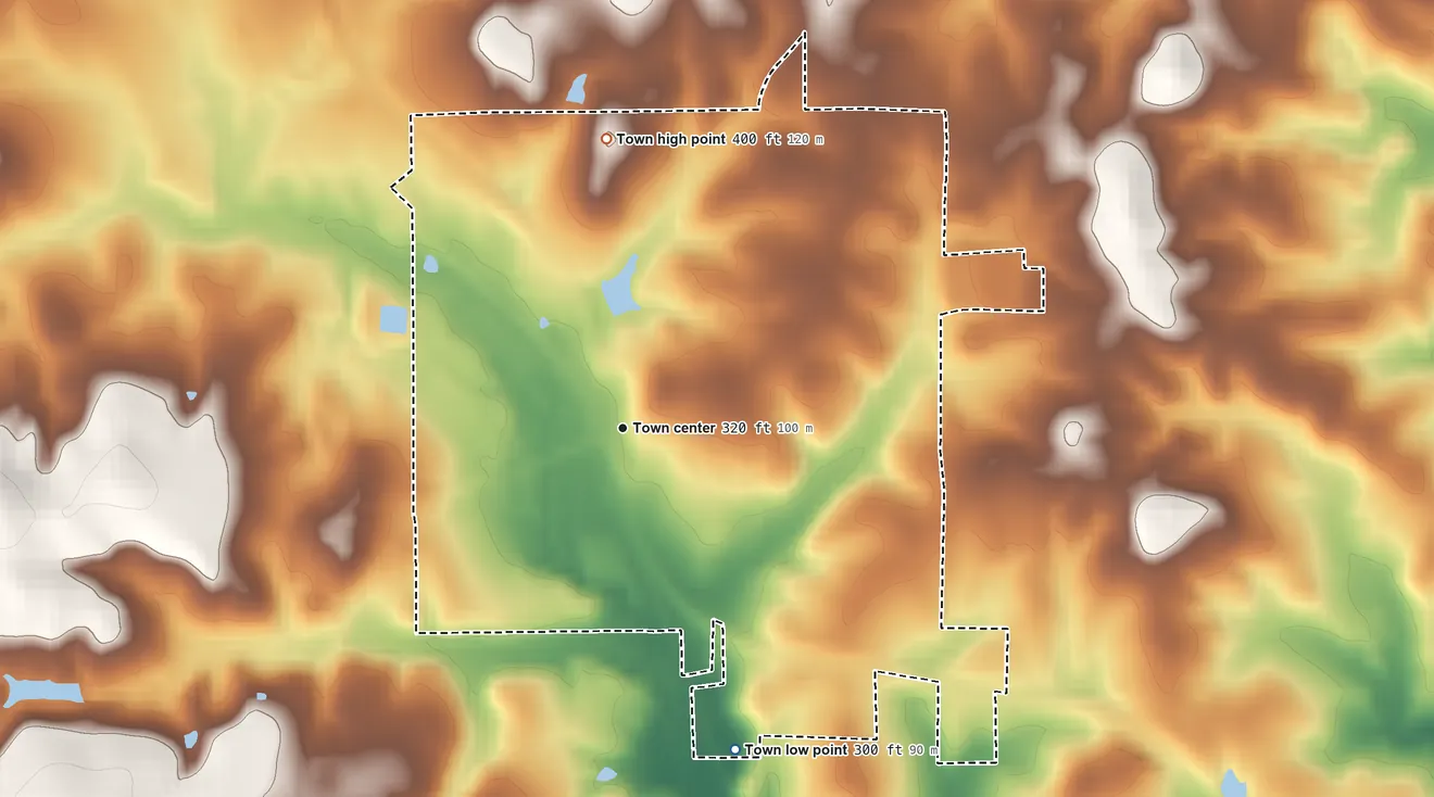 Topographic elevation map of Hornbeck, Louisiana, shaded from 300 ft on the south side to 400 ft on the north side