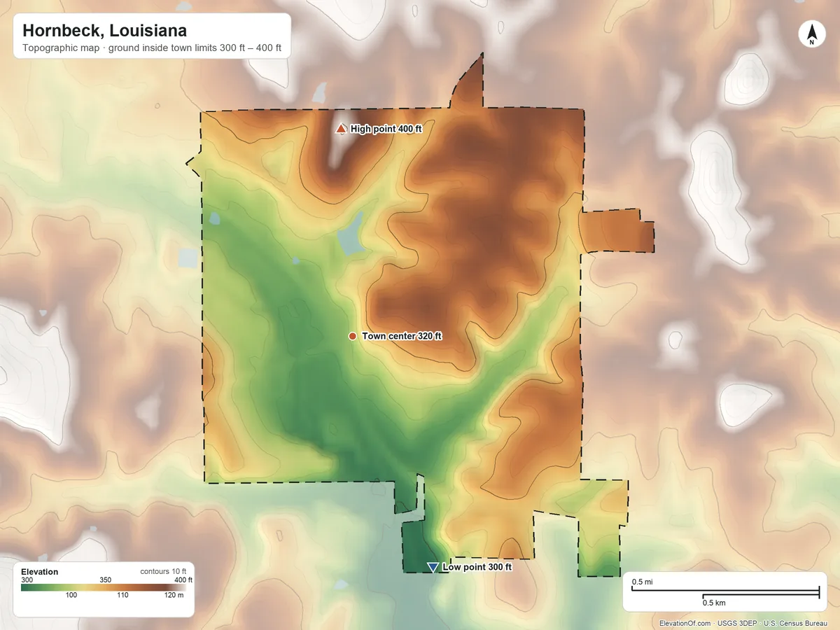 Topographic elevation map of Hornbeck, Louisiana, shaded from 300 ft on the south side to 400 ft on the north side