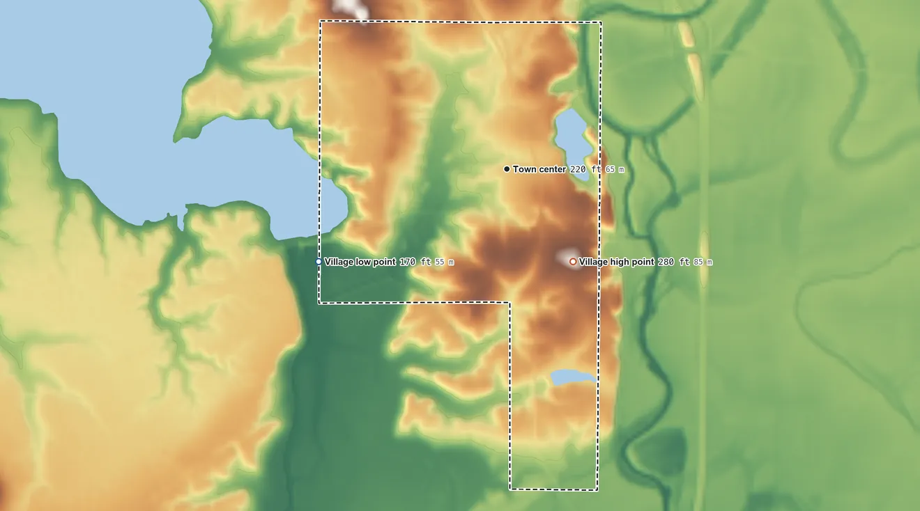 Topographic elevation map of Hosston, Louisiana, shaded from 170 ft on the southwest side to 280 ft on the southeast side