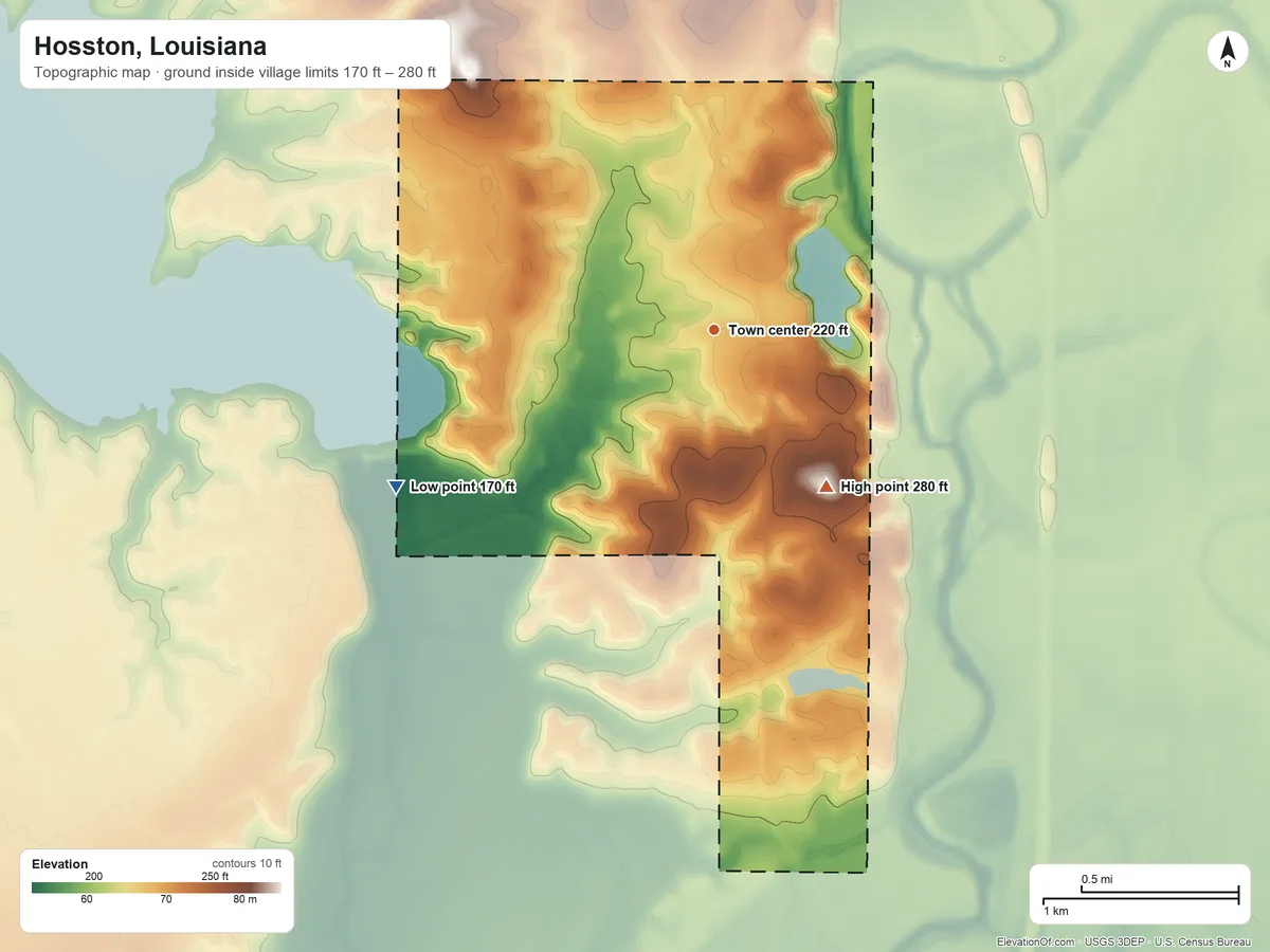 Topographic elevation map of Hosston, Louisiana, shaded from 170 ft on the southwest side to 280 ft on the southeast side