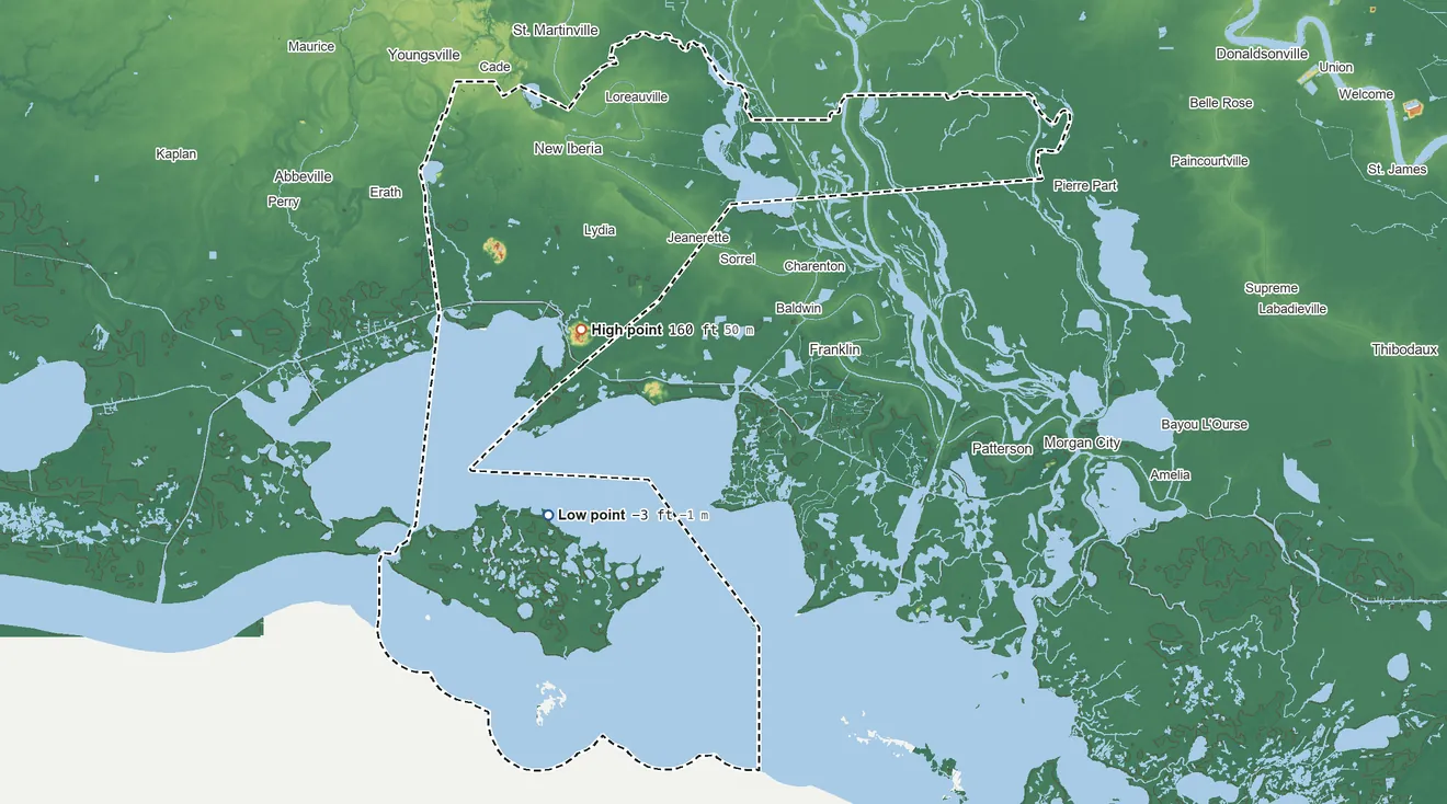 Topographic elevation map of Iberia Parish, Louisiana, shaded from 3 ft below sea level on the southwest side to 160 ft on the northwest side