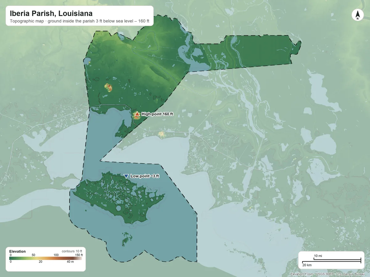 Topographic elevation map of Iberia Parish, Louisiana, shaded from 3 ft below sea level on the southwest side to 160 ft on the northwest side
