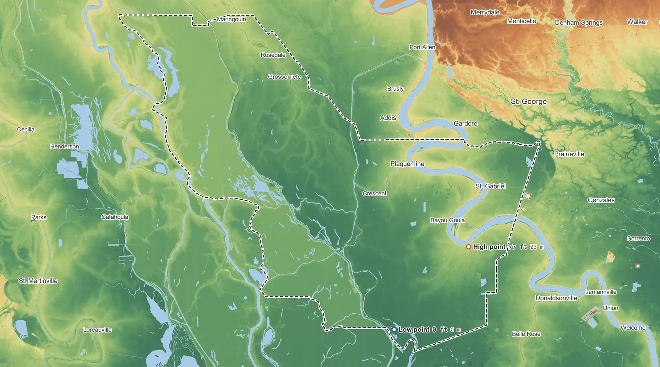 Topographic elevation map of Iberville Parish, Louisiana, shaded from 0 ft on the southeast side to 77 ft on the southeast side