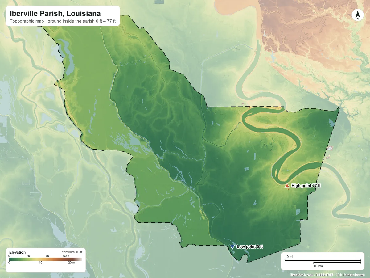 Topographic elevation map of Iberville Parish, Louisiana, shaded from 0 ft on the southeast side to 77 ft on the southeast side