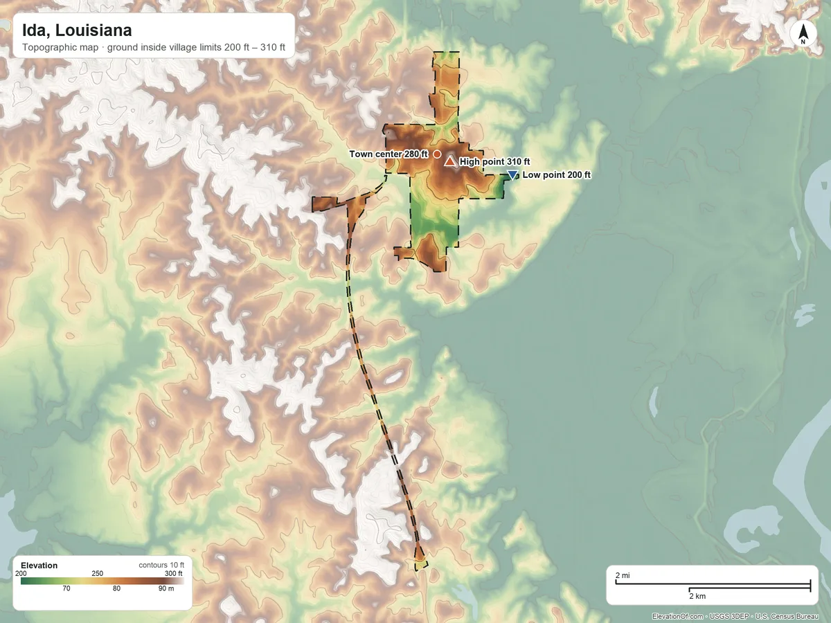 Topographic elevation map of Ida, Louisiana, shaded from 200 ft on the east side to 310 ft near the middle