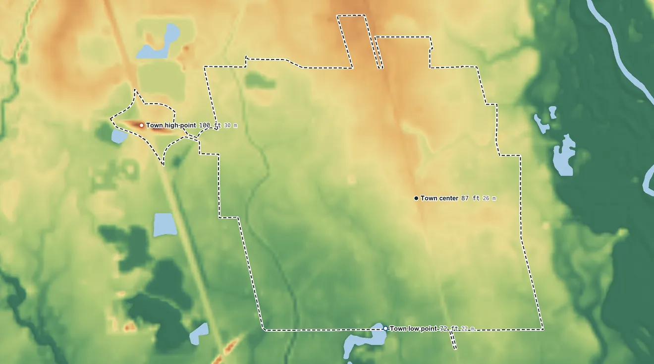 Topographic elevation map of Independence, Louisiana, shaded from 72 ft on the south side to 100 ft on the west side