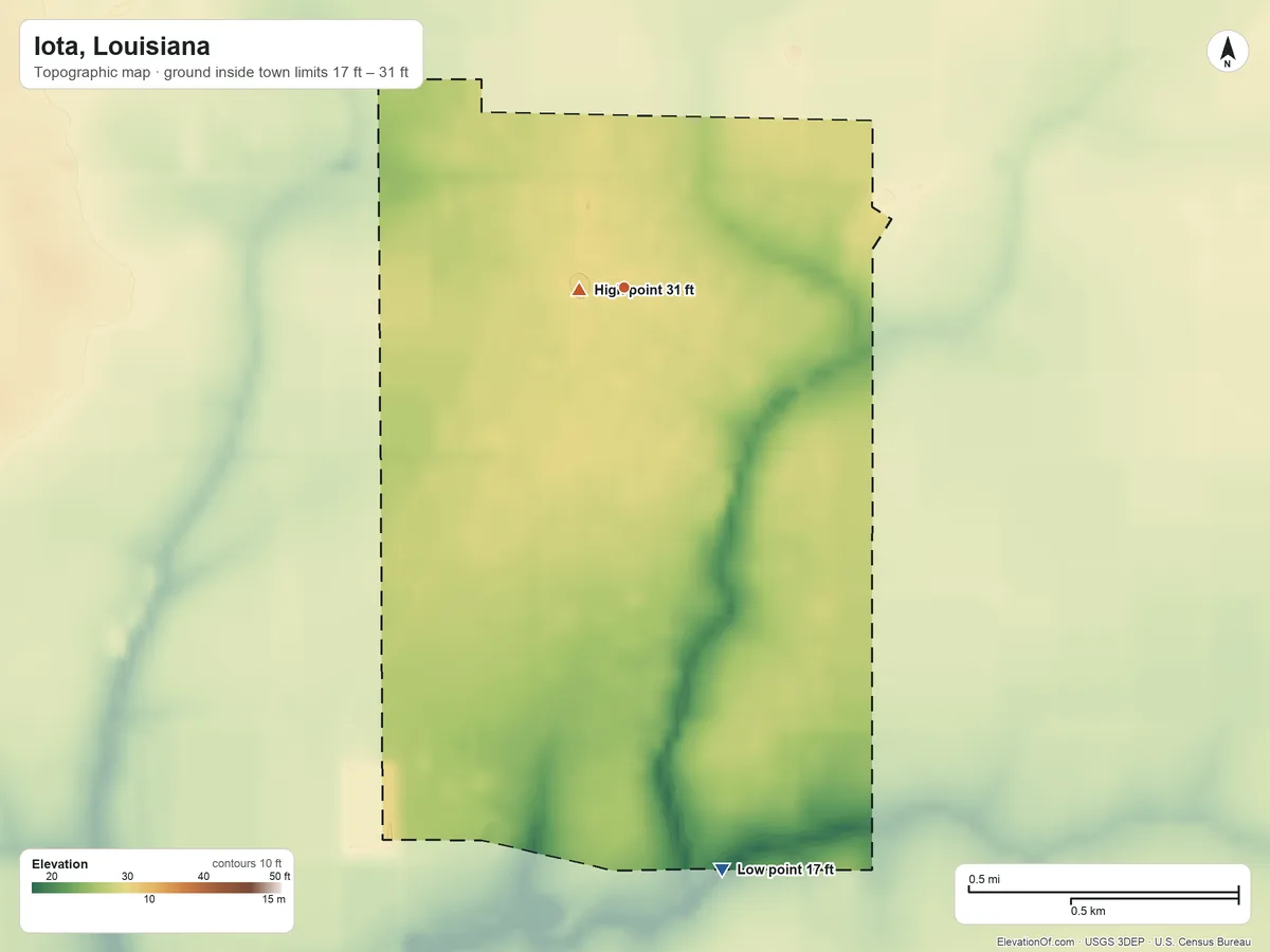 Topographic elevation map of Iota, Louisiana, shaded from 17 ft on the south side to 31 ft near the middle