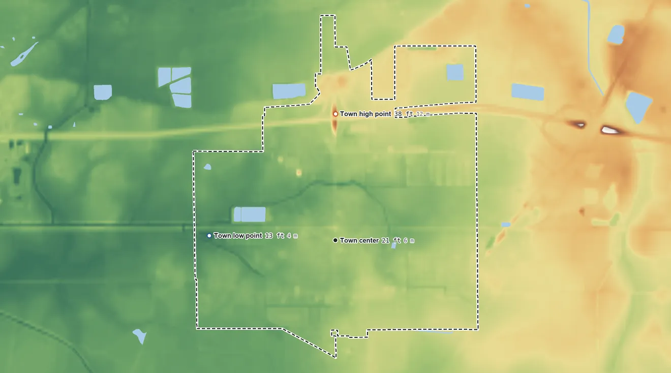 Topographic elevation map of Iowa, Louisiana, shaded from 13 ft on the west side to 38 ft on the north side