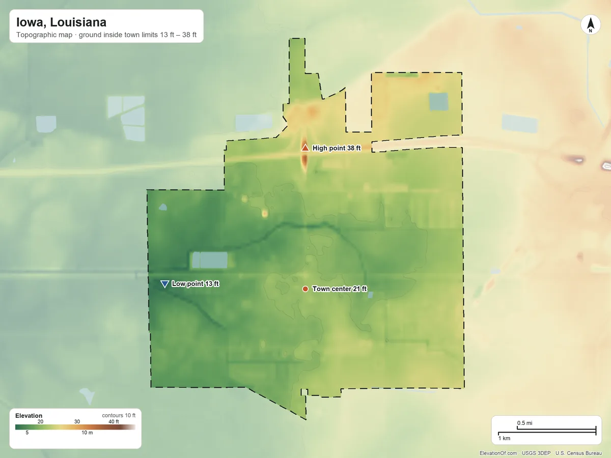 Topographic elevation map of Iowa, Louisiana, shaded from 13 ft on the west side to 38 ft on the north side