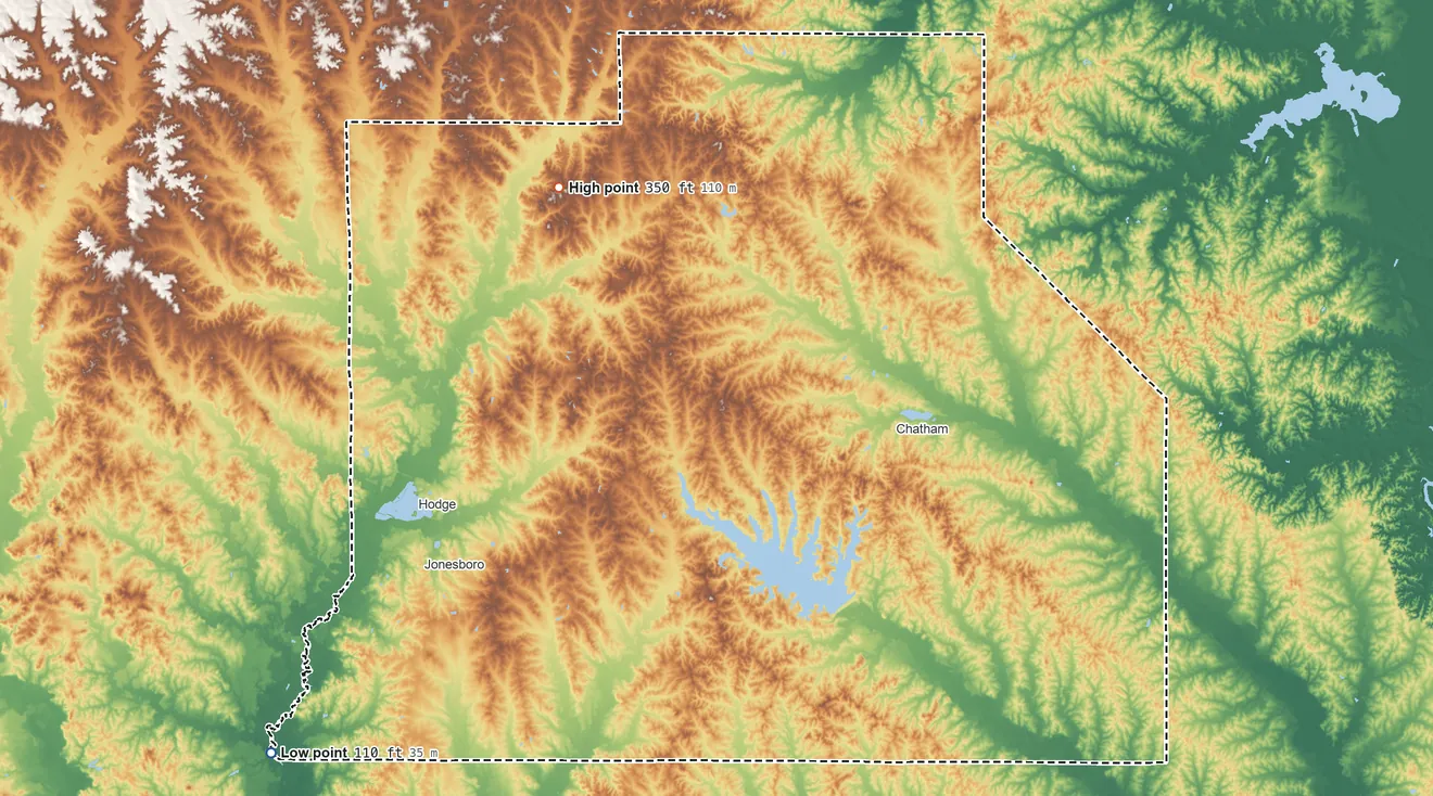 Topographic elevation map of Jackson Parish, Louisiana, shaded from 110 ft on the southwest side to 350 ft on the northwest side