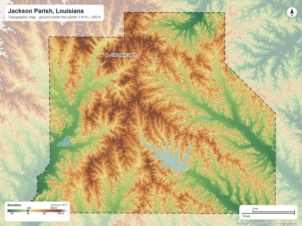 Topographic elevation map of Jackson Parish, Louisiana, shaded from 110 ft on the southwest side to 350 ft on the northwest side