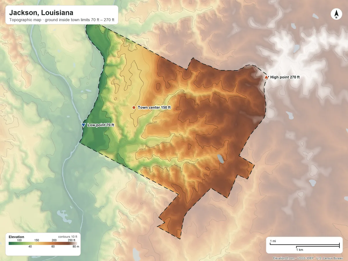 Topographic elevation map of Jackson, Louisiana, shaded from 70 ft on the west side to 270 ft on the east side