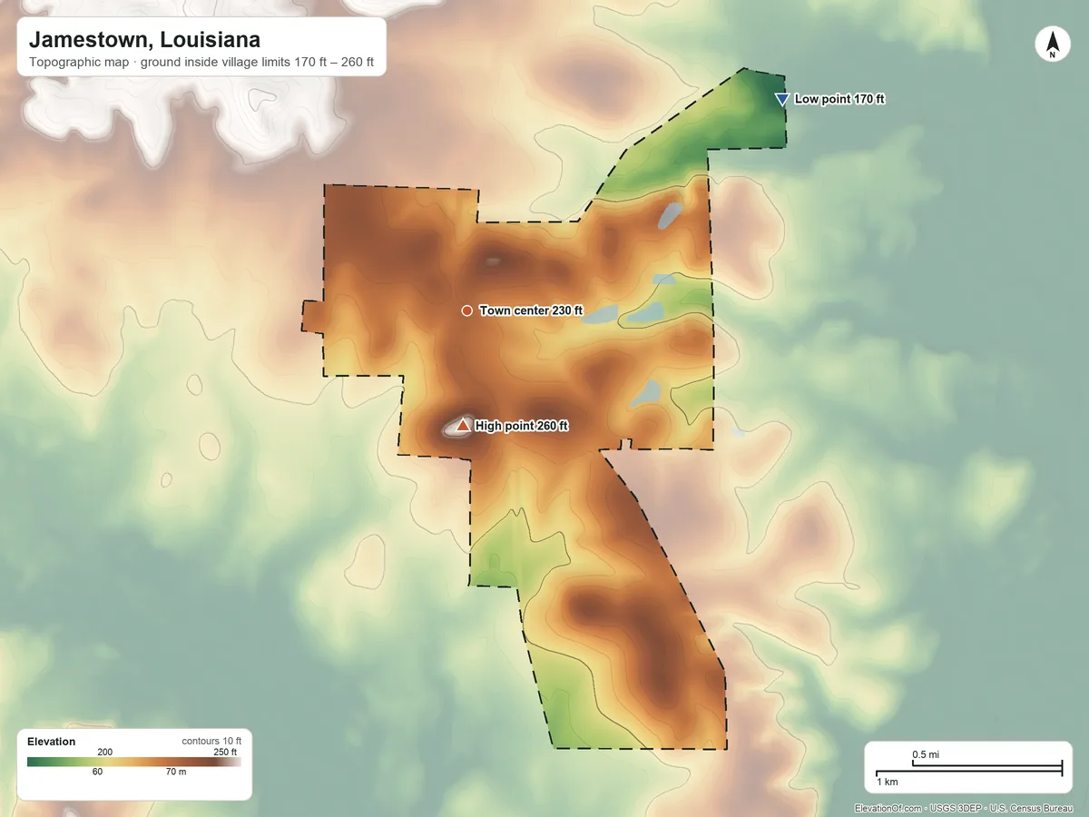 Topographic elevation map of Jamestown, Louisiana, shaded from 170 ft on the northeast side to 260 ft on the south side