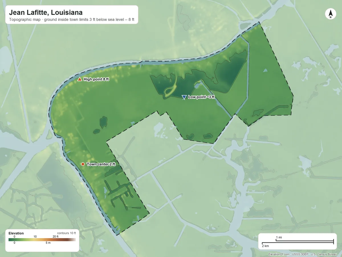 Topographic elevation map of Jean Lafitte, Louisiana, shaded from −3 ft on the northeast side to 8 ft on the north side
