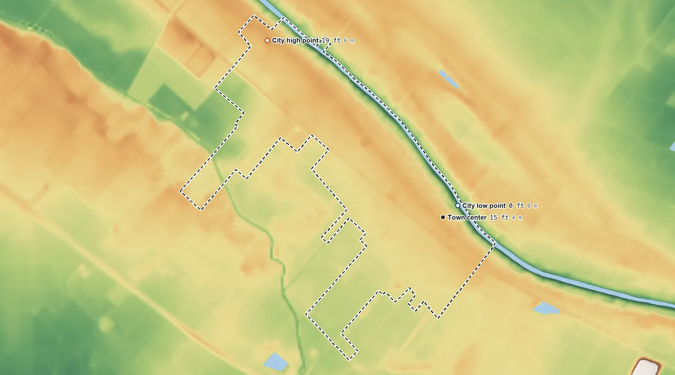 Topographic elevation map of Jeanerette, Louisiana, shaded from 0 ft near the middle to 19 ft on the northwest side