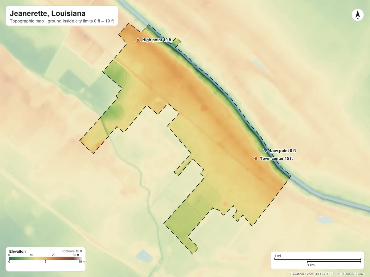 Topographic elevation map of Jeanerette, Louisiana, shaded from 0 ft near the middle to 19 ft on the northwest side