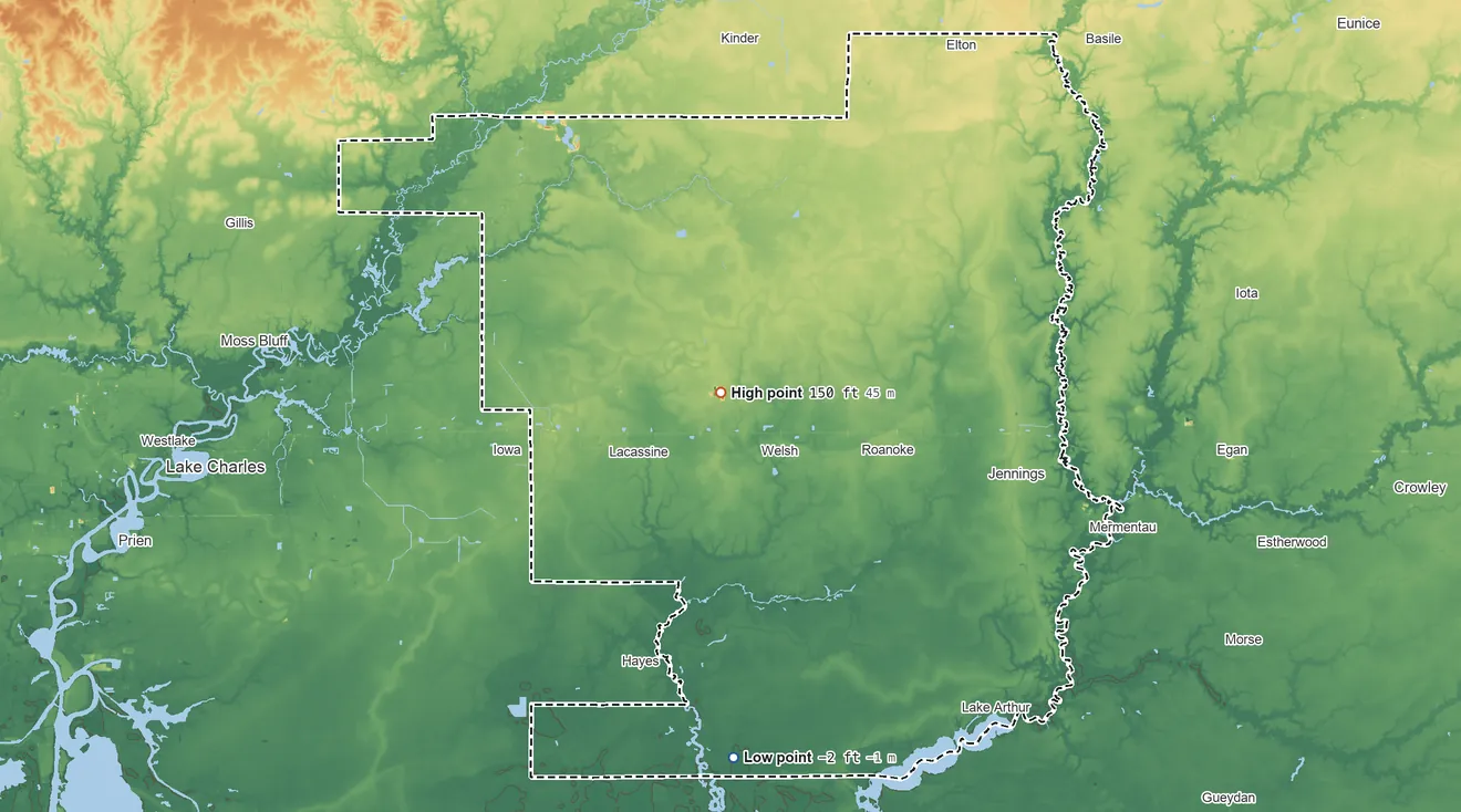 Topographic elevation map of Jefferson Davis Parish, Louisiana, shaded from 2 ft below sea level on the south side to 150 ft near the middle