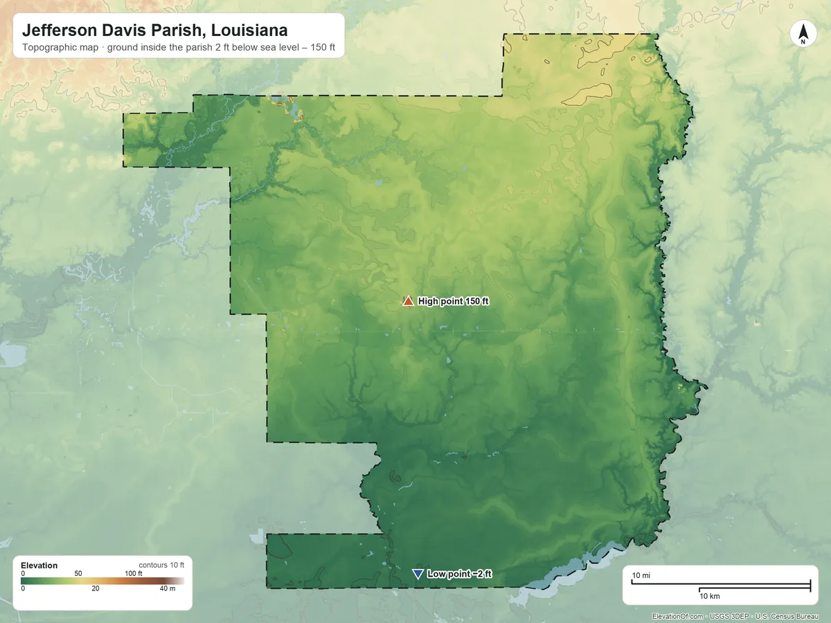 Topographic elevation map of Jefferson Davis Parish, Louisiana, shaded from 2 ft below sea level on the south side to 150 ft near the middle